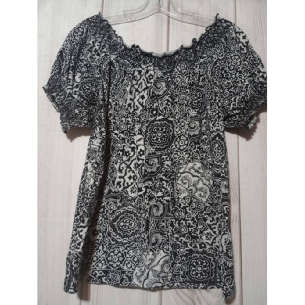 Lauren Ralph Lauren Black White‎ Paisley Smocked Peasant Blouse Top Large Cotton - Picture 2 of 7
